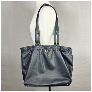 DKNY Karen Large Black Leather Drawstring Shoulder Tote Bag Gold Hardware